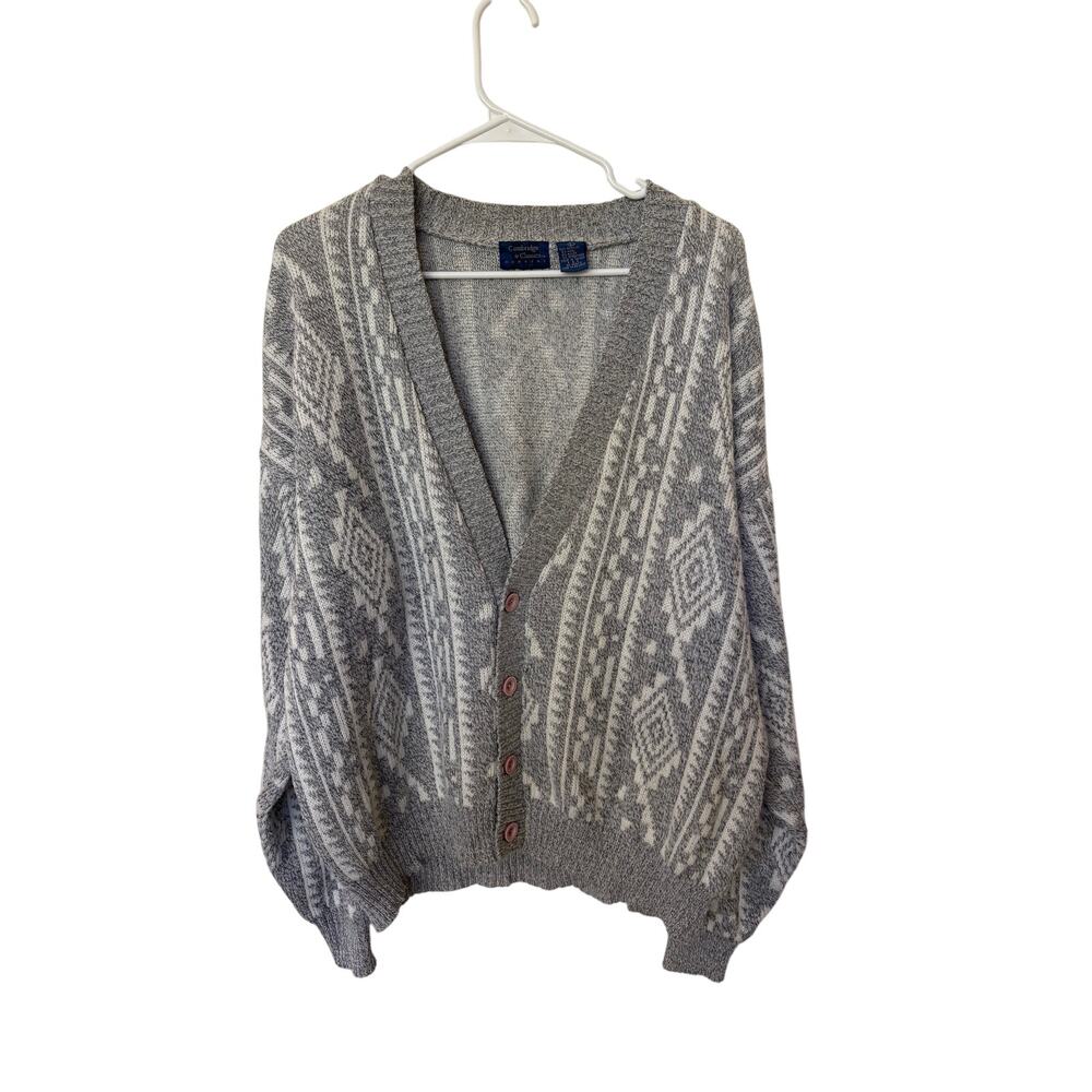 Cambridge Classics Gray Ivory Geometric Button Cardigan Sweater Size L